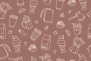 Seamless doodle pattern with coffee. Teapots, cups, Turk and sweets in doodle style on a background of Mousse Mocha color. vector