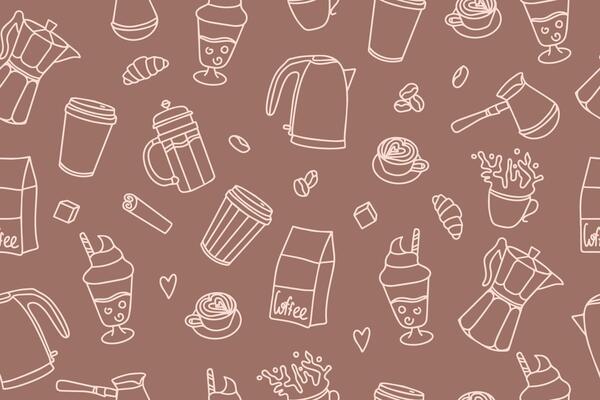 Seamless doodle pattern with coffee. Teapots, cups, Turk and sweets in doodle style on a background of Mousse Mocha color.