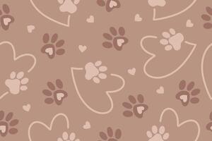 Seamless pattern of pet paw in heart. Pet footprint. Love concept. Background of year 2025 Mocha Mousse. vector