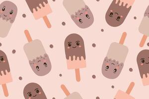 Seamless pattern of ice cream on a stick in kawaii style. January 24 is a sweet holiday, International Eskimo Pie Day. illustration on a pink background. vector