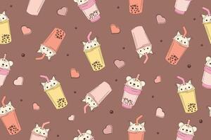 Bubble milk tea funny seamless pattern. Hand drawn kawaii smiles drinks with tapioca pearls. Cute cartoon illustration. Mocha mousse background with ice tea characters. vector