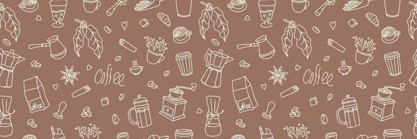 Coffee hand drawn seamless pattern for packaging, textile, printing. Modern background design with tea and coffee. Background Mocha Mousse. vector
