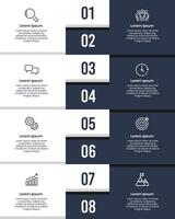8 alternating vertical infographic options black and white color design. Business presentation, Banner, Comparison, Brochure, Poster and Plan. vector
