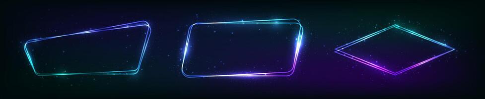 Set of three neon double frames with shining effects vector