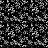 Winter floral seamless pattern. White plants and snowflakes on a black background. illustration for fabric, greeting card, background, wrapping paper, cover vector