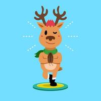 Cartoon character christmas reindeer doing yoga on exercise mat vector