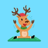 Cartoon character happy christmas reindeer exercising on yoga mat vector