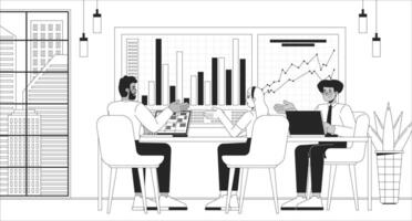 Strategy discussion black and white line illustration. Diverse office workers group conversation business 2D characters monochrome background. Corporate teamwork collaboration outline image vector