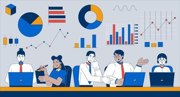 Teamwork data analytics 2D illustration concept. Profits analysts diagram charts cartoon scene background. Diverse colleagues working laptops. Marketing team metaphor abstract flat graphic vector