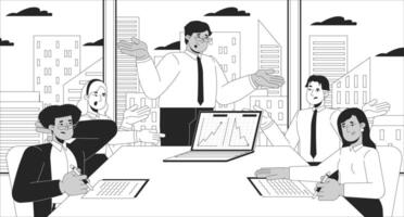 Team members conducting competitors analysis black and white line illustration. Colleagues evaluating sale metrics 2D characters monochrome background. Competitive market research outline image vector