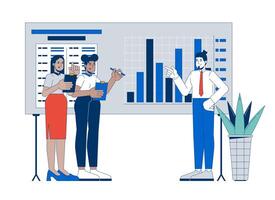 Internal report cartoon flat illustration. Company audit. Finances analyzing. Diverse team members discussing corporate charts 2D characters isolated on white background. colorful image vector