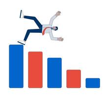 Businessman failure bar chart 2D illustration concept. Barchart fail employee. Office worker falling down from column graph cartoon character isolated on white. Metaphor abstract flat graphic vector