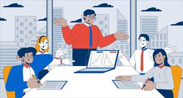 Team members conducting competitors analysis flat illustration. Colleagues evaluating sales metrics 2D characters cartoon background. Competitive market research scene storytelling image vector