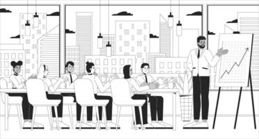 Company results celebration black and white line illustration. Multicultural colleagues clapping in boardroom 2D characters monochrome background. Celebrating success in workplace outline image vector