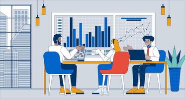 Strategy discussion flat illustration. Diverse office workers group conversation business 2D characters cartoon background. Corporate teamwork collaboration scene storytelling image vector
