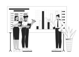 Internal report linear illustration. Company audit. Finances analyzing. Diverse team members discussing corporate charts 2D line characters isolated on white. Monochrome outline image vector