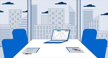 Empty meeting room table charts laptop flat illustration. Company compare revenue notebook desk with chairs 2D interior cartoon background. Skyscrapers windows modern office inside scene image vector