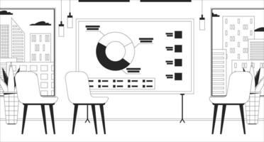 Empty lecture room charts presentation board black and white line illustration. Office chairs around whiteboard indoors 2D interior monochrome backdrop. Analytics corporate diagram outline vector