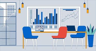 Chart whiteboard conference room empty flat illustration. Office table three chairs 2D interior cartoon background. Project management. Bar graphs, data visualization board scene image vector