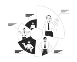 Effective workload distribution black and white 2D illustration concept. Allocating tasks among team members. Employees responsibilities outline characters isolated. Metaphor monochrome art vector