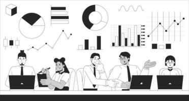 Teamwork data analytics black and white 2D illustration concept. Profits analysts diagram charts outline cartoon. Diverse colleagues working laptops. Marketing team metaphor monochrome art vector