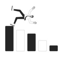 Businessman failure bar chart black and white 2D illustration concept. Barchart fail employee. Office worker falling down from column graph outline character isolated. Metaphor monochrome art vector