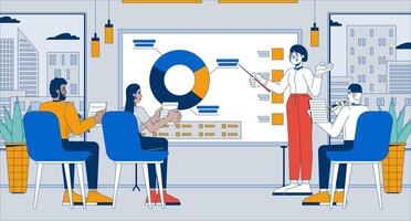 Company summary of fiscal year flat illustration. Woman manager briefing team diverse 2D characters cartoon background. Annual report performance. Whiteboard statistics scene storytelling image vector