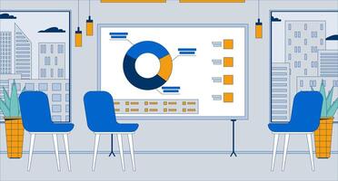 Empty lecture room charts presentation board flat illustration. Office chairs around whiteboard indoors 2D interior cartoon background. Analytics corporate diagram infographics scene image vector