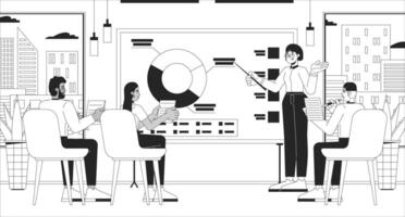 Company summary of fiscal year black and white line illustration. Woman manager briefing team 2D characters monochrome background. Annual report performance. Whiteboard statistics outline image vector