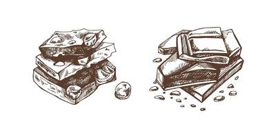 Hand-drawn chocolate stack illustrations in rustic vintage artistic style vector