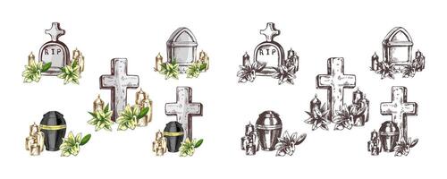 Hand drawn funeral service set with condolence symbols and attributes vector