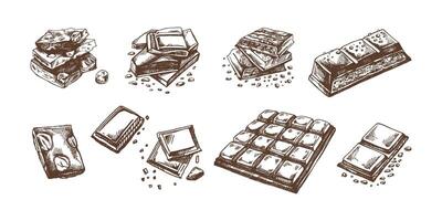 Hand-drawn chocolate illustrations set featuring bars and chunks vector