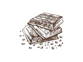 Stack of chocolate bars with crumbs in sketch style vector