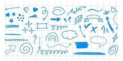 Hand-drawn blue doodle elements on checkered grid paper background vector