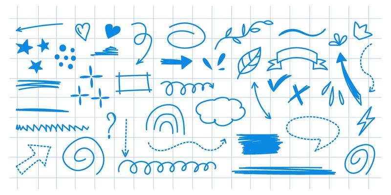 Hand-drawn blue doodle elements on checkered grid paper background