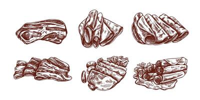 Hand-drawn sketch set of bacon, hamon or pork meat, ham slices. Italian prosciutto vintage sketch. Butcher shop. vector