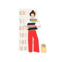 A young woman is holding a stack of books with a bookshelf in the background. World book day. Education, study and literature concept. vector