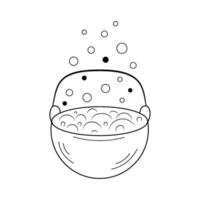 Cauldron of liquid boils and bubbles. Witches cauldron with handle with potion. Doodle Isolated illustration theme magic, Halloween, esotericism. vector