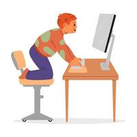 Little boy watching to computer screen flat illustration isolated on white. vector