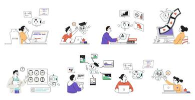 People interacting with artificial intelligence in different spheres linear illustrations set. People using AI in programming, business analytics, education, motion and graphic design, medicine vector