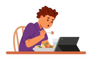 Boy eating lunch and using tablet flat illustration isolated on white. Gadget addiction problem. vector