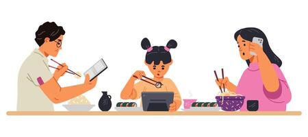 Gadget-addicted asian family at dinner table flat illustration isolated on white. Parents and child using tablets and smartphone while eating. vector
