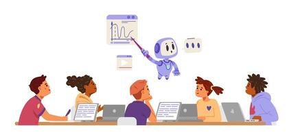 Artificial intelligence in school education concept flat illustration isolated on white. Multiracial school class with laptops listening to Ai bot. vector