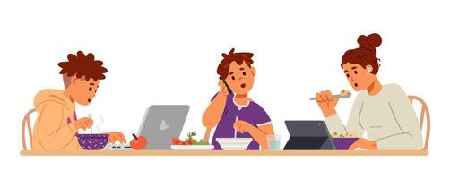 Gadget-addicted family at dinner table flat illustration isolated on white. Mother and two sons using tablets and smartphone while eating. vector