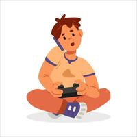 Boy sitting with legs crossed playing game holding gamepad and talking on the phone flat illustration isolated on white. vector