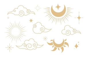 Celestial set witch spiritual decoration with asian clouds moon, sun burst and stars. line astrology pattern, minimal geometric background. vector