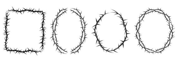 Thorn stem vine plant with spikes simple border frame oval y2k creepy branch. Barbed wire tattoo. Boundary frame. vector