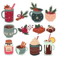 Hand drawn set of festive winter drinks. Mulled wine, hot chocolate, coffee, cranberries jar, candies. vector