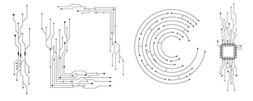 Circuit board line microchip, software. Integrated motherboard, connections. Innovative Electronic Network. Technology background, design elements geometric and connection system. vector