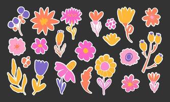 Set of hand drawn abstract floral stickers on a dark background vector